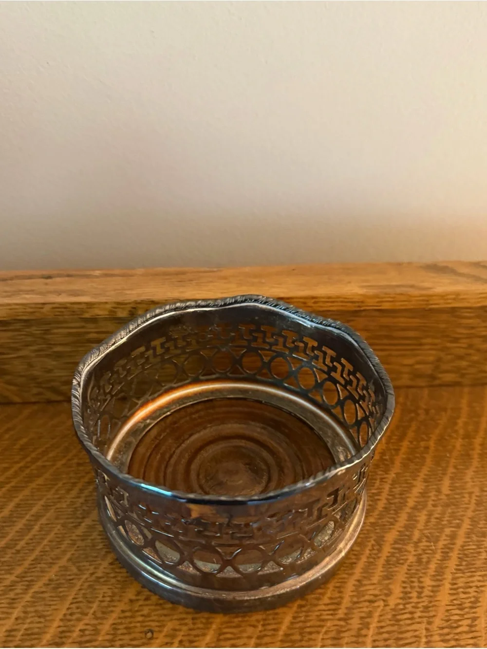 Royal Sheffield Vintage Silverplate Pierced Wine Bottle Coaster Walnut Base 4”
